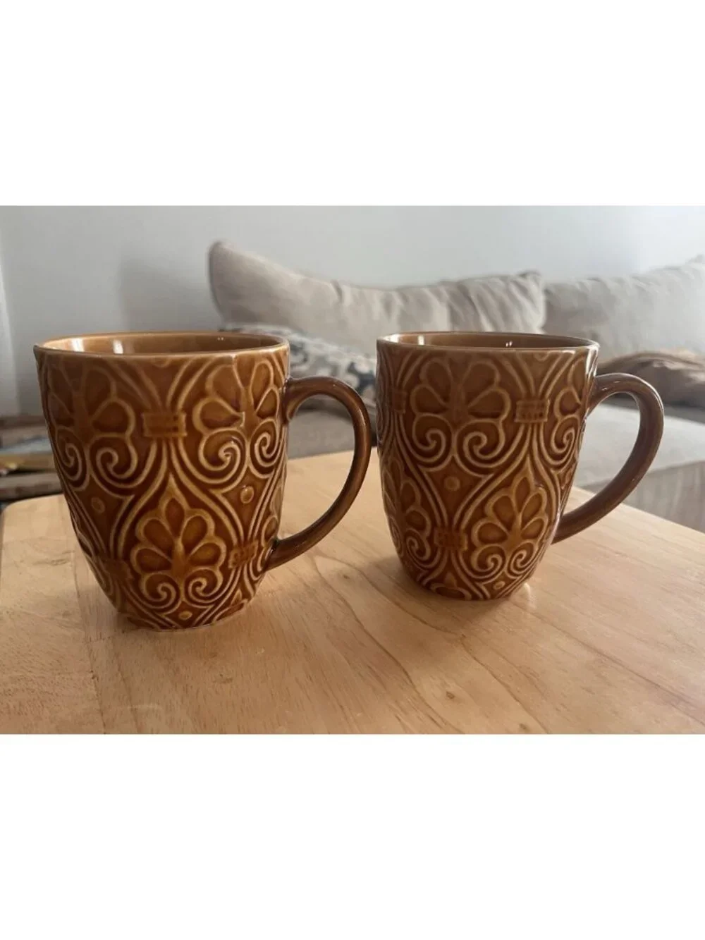 Set of 2 Pier 1 Imports Karistan Mugs Amber Embossed Reactive Glaze Stoneware